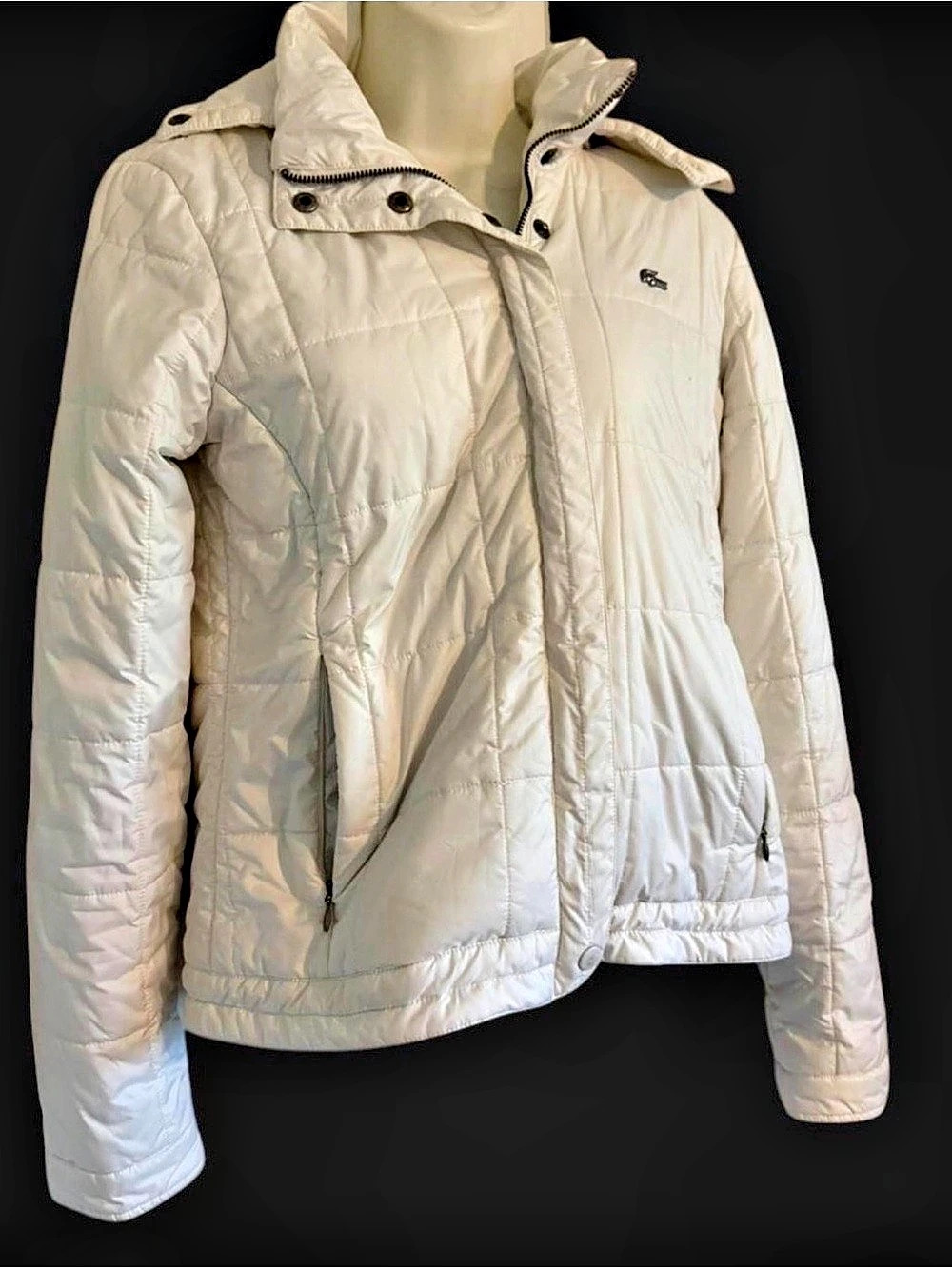 Lacoste Women’s White Quilted Hooded Jacket – Size 36 (SMALL)